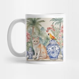 Ginger cat and macaw parrot in chinoiserie landscape Mug